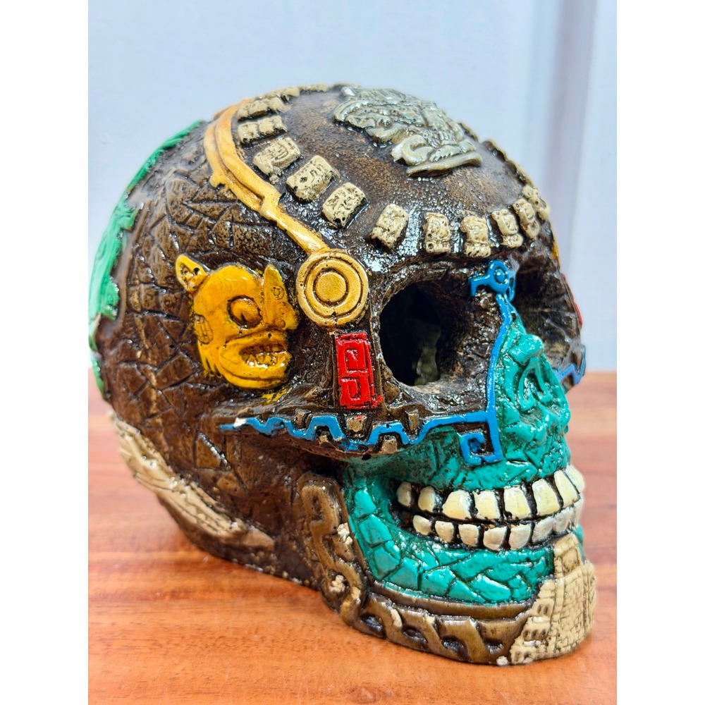 Aztec Mayan Skull Resin Sculpture Calavera Folk Art Day of the Dead Turquoise - Picture 2 of 14